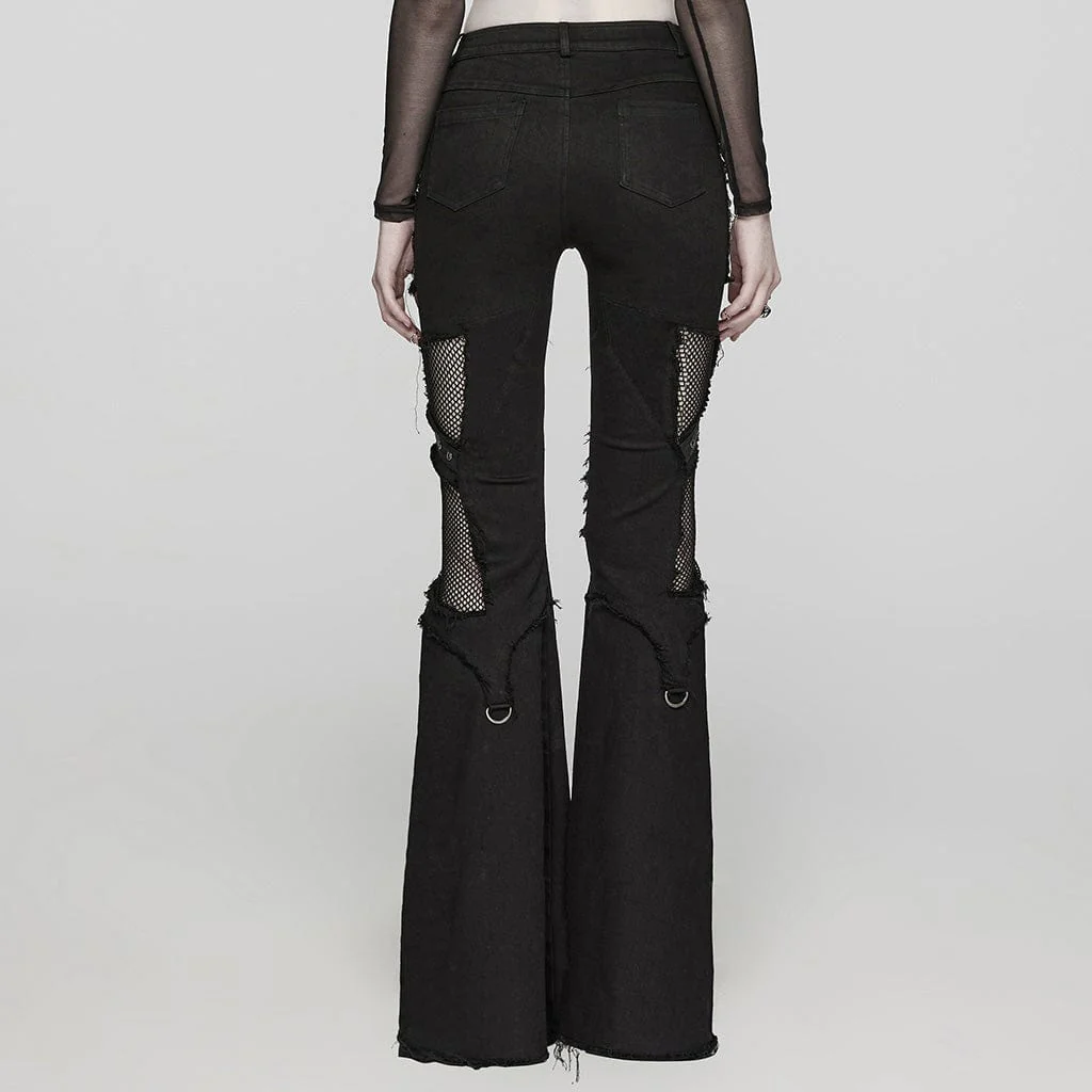 Women's Punk Mesh Eyelet Ring Flared Pants - Image 3