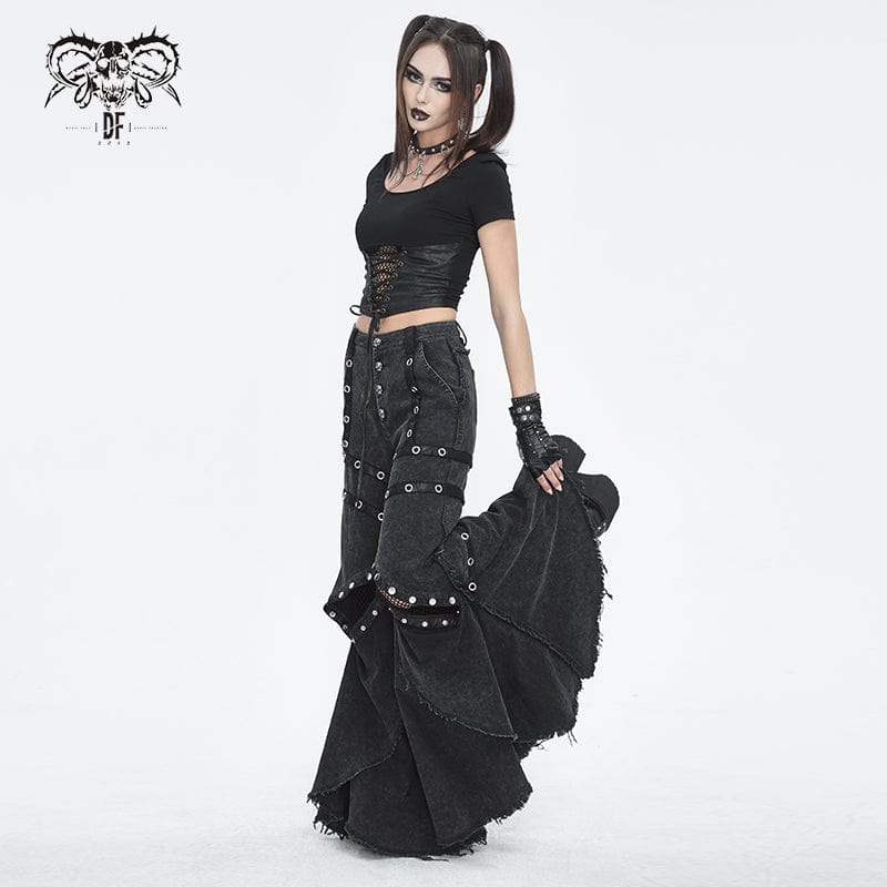Women's Punk Mesh Eyelets Ruffled Flared Pants - Image 6