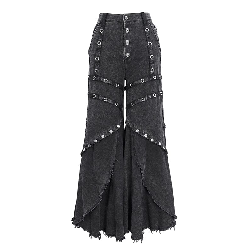 Women's Punk Mesh Eyelets Ruffled Flared Pants - Image 7