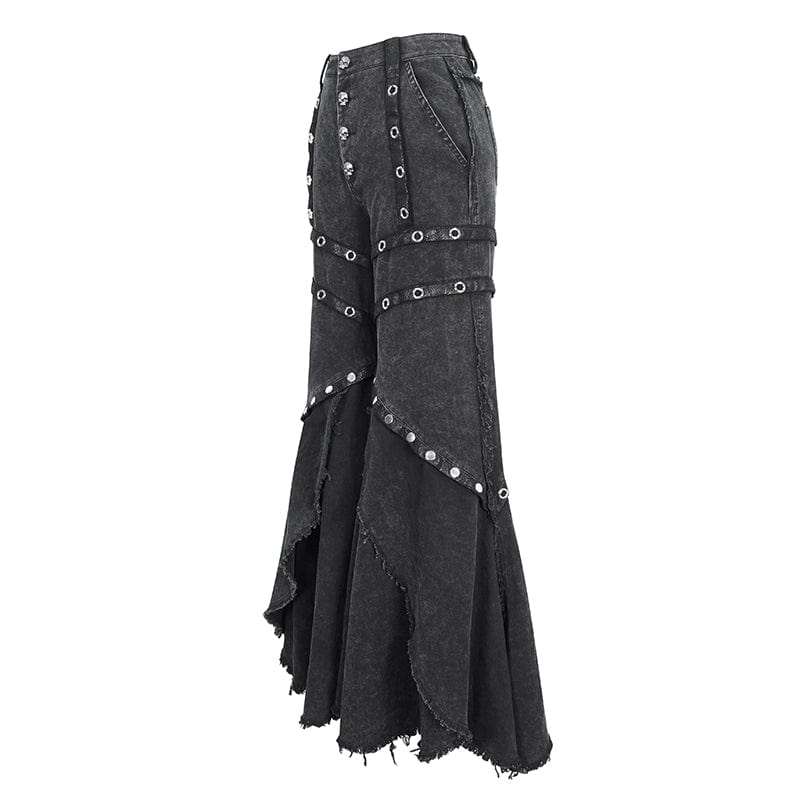 Women's Punk Mesh Eyelets Ruffled Flared Pants - Image 8