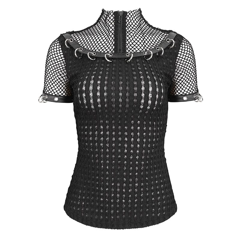 Women's Punk Mesh Rings Short Sleeved Mesh Top - Image 7