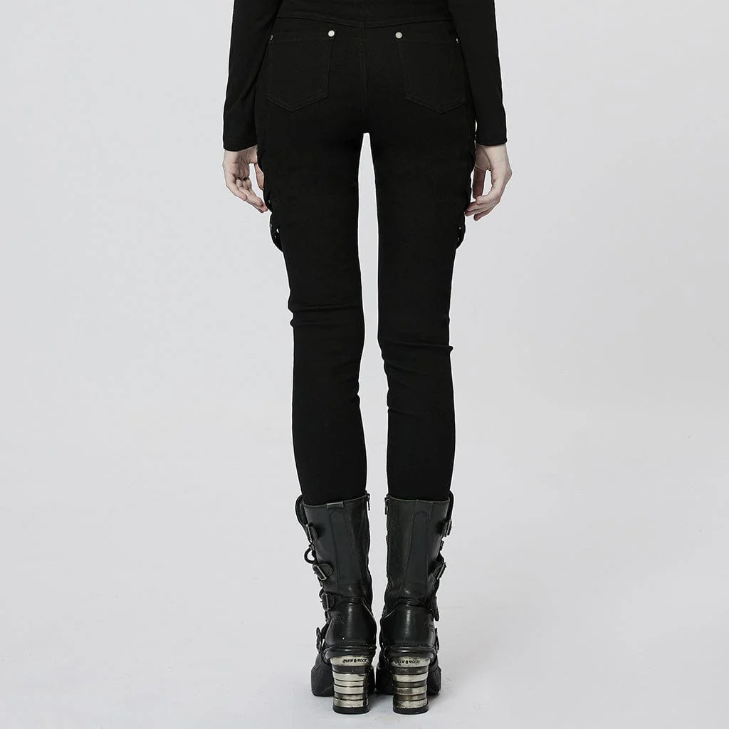 Women's Punk Mesh Splice Buckles Jeans - Image 3