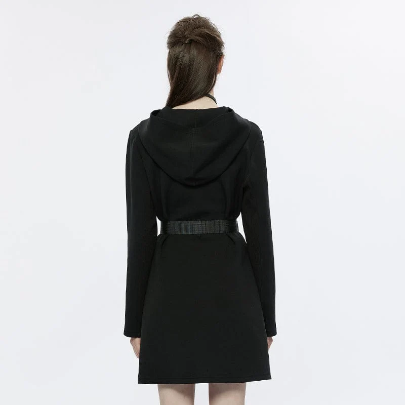 Women's Punk Mesh Splice Dress with Hood and Belt - Image 3