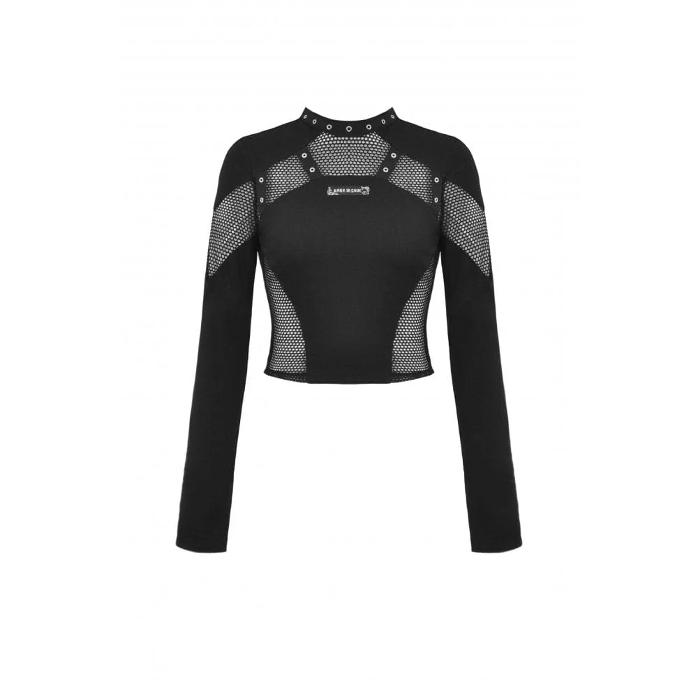Women's Punk Mesh Splice Eyelet Crop Top - Image 11