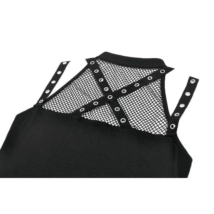 Women's Punk Mesh Splice Eyelet Strap Cutout Tank Top - Image 15