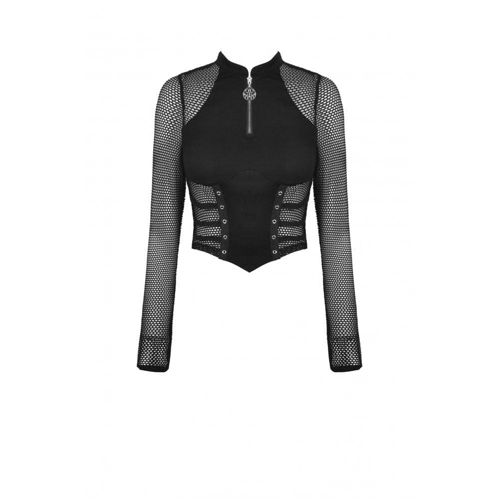 Women's Punk Mesh Splice Eyelets Crop Top - Image 7