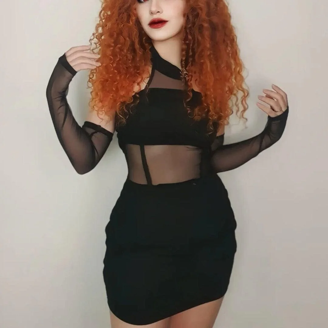 Women's Punk Mesh Splice Halterneck Dress with Oversleeves - Image 4