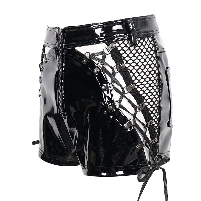 Women's Punk Mesh Splice Patent Leather Shorts - Image 7