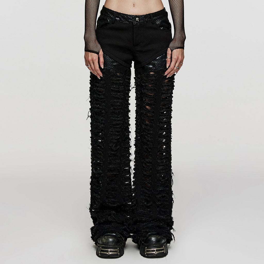 Women's Punk Mesh Splice Ripped Straight Pants