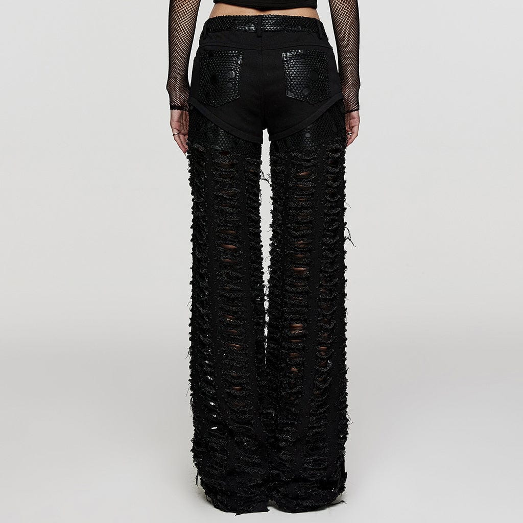 Women's Punk Mesh Splice Ripped Straight Pants - Image 3