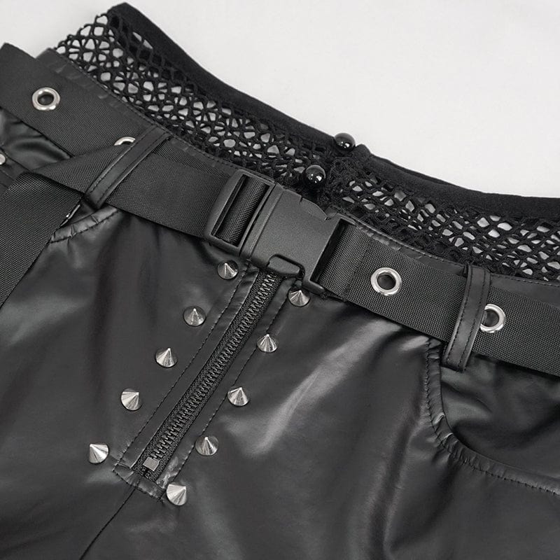 Women's Punk Mesh Splice Rivets Leggings with Belt - Image 8