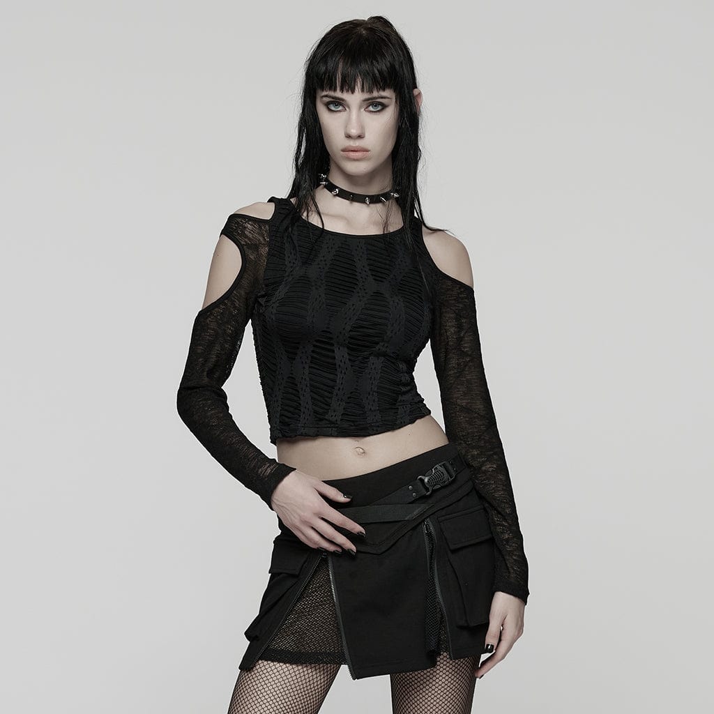 Women's Punk Mesh Splice Ruched Off-shoulder Top