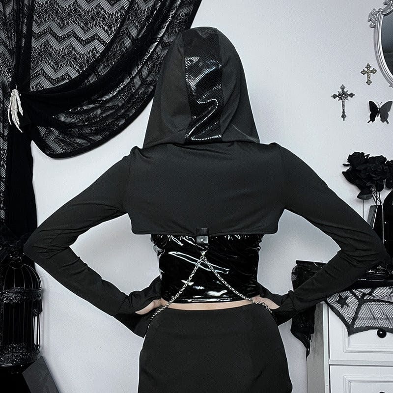 Women's Punk Mesh Splice Snake Buckle Cape with Hood - Image 3