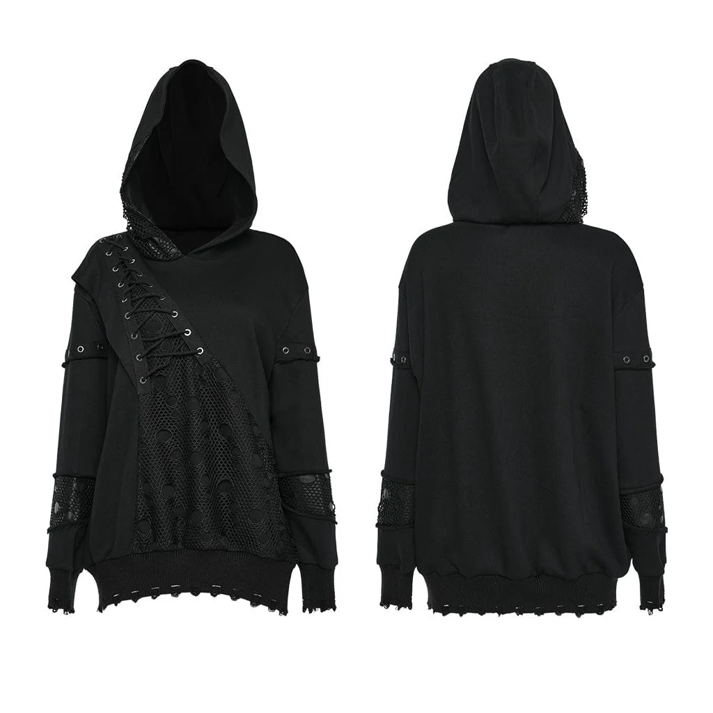 Women's Punk Mesh Splice Unedged Hoodies - Image 5