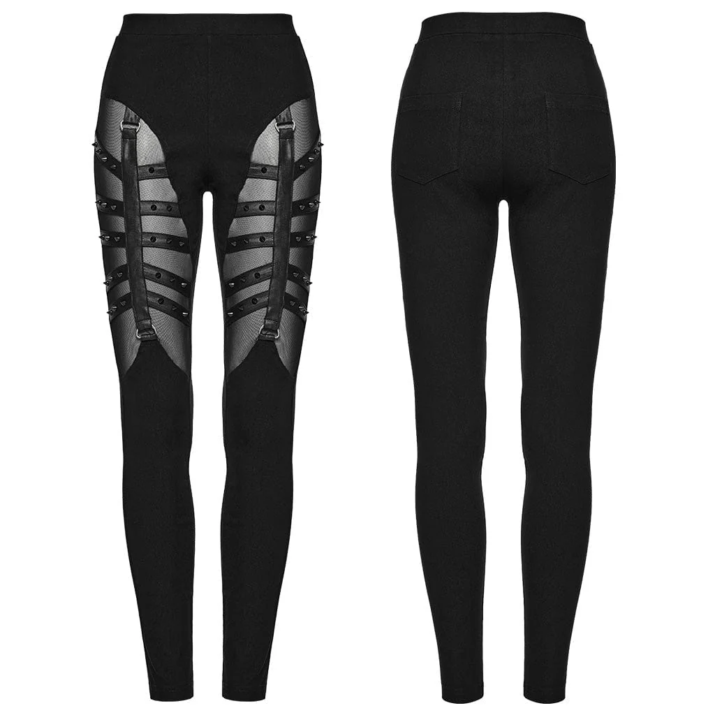 Women's Punk Mesh Strappy Stud Leggings - Image 5