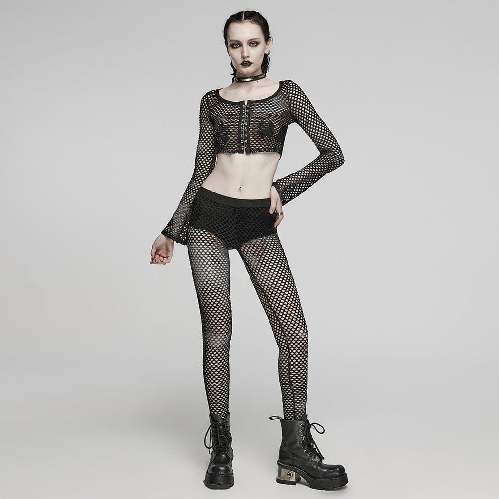 Women's Punk Mesh Tie-dyed Long Sleeved Crop Top Black - Image 4