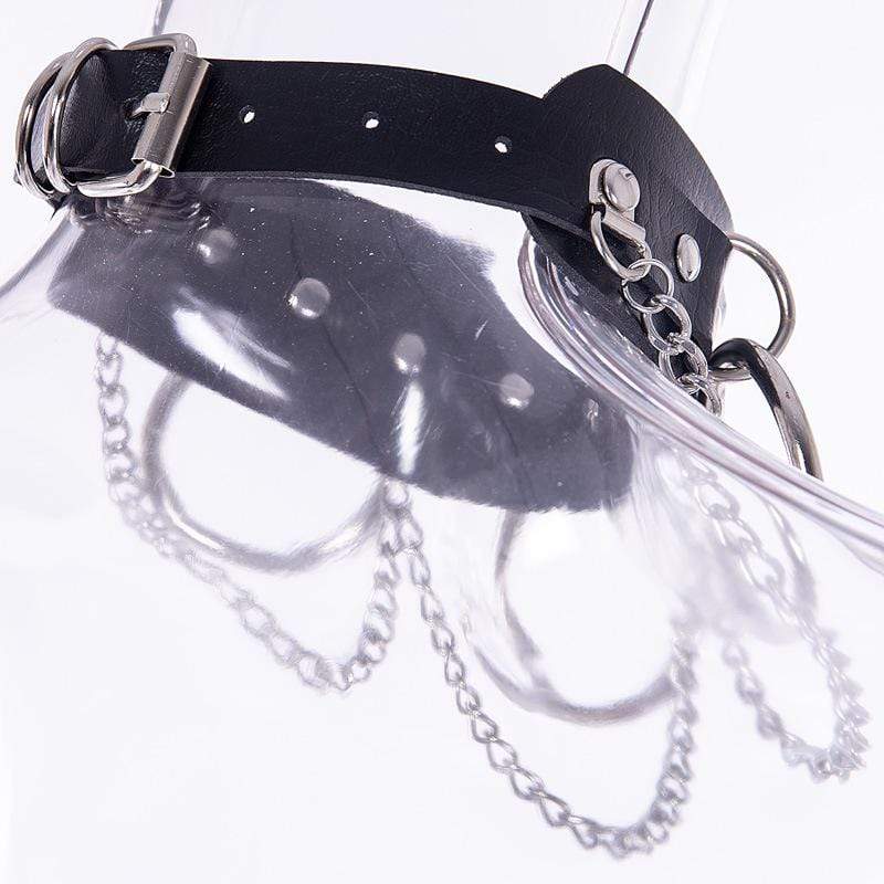 Women's Punk Metal Chains Faux Leather Wide Choker With Three Rings - Image 10