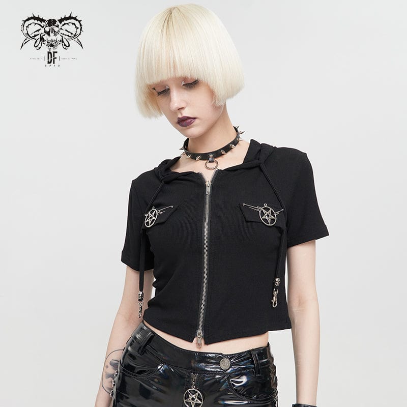 Women's Punk Metal Star Double Zipper Short Sleeved Crop Top - Image 2