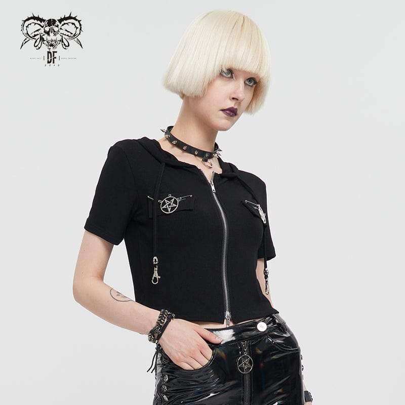 Women's Punk Metal Star Double Zipper Short Sleeved Crop Top - Image 3