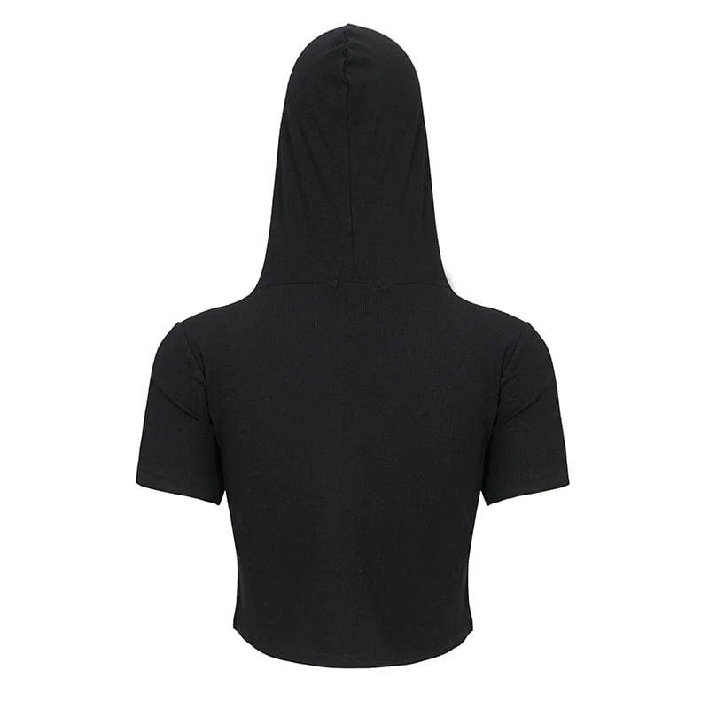 Women's Punk Metal Star Double Zipper Short Sleeved Crop Top - Image 9