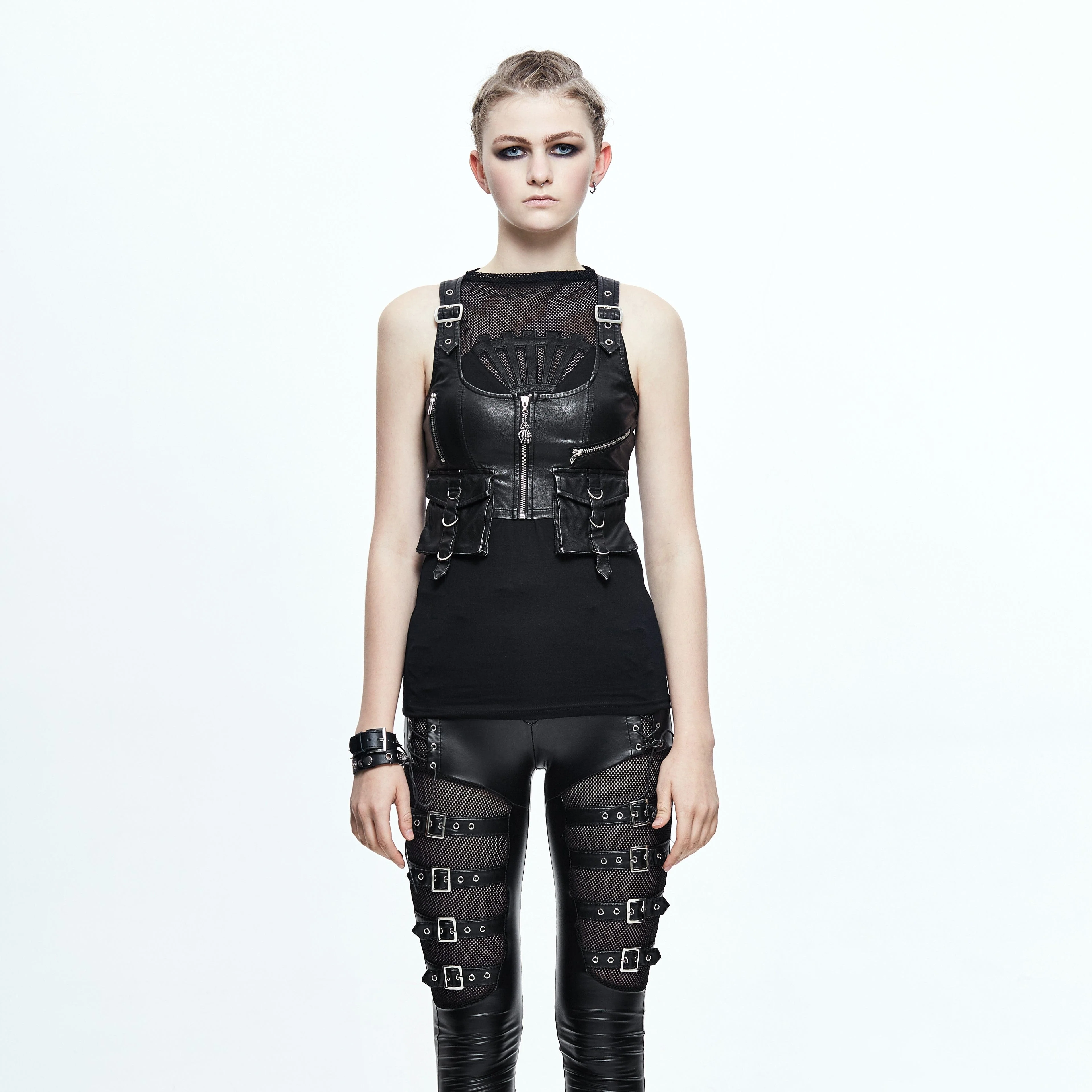 Women's Punk Military Style Faux Leather Vest with Pockets - Image 3