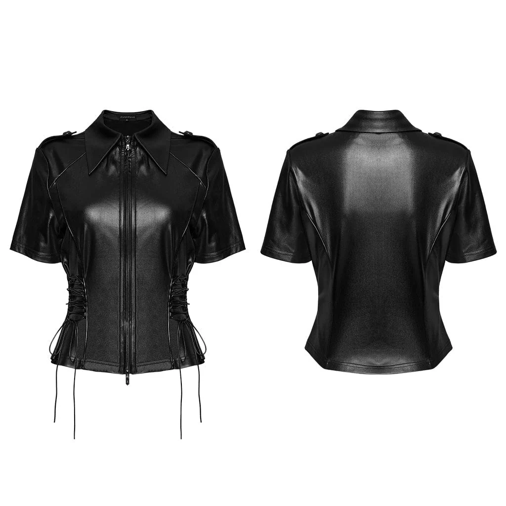 Women's Punk Military Turn-down Collar Lace-up Shirt - Image 5