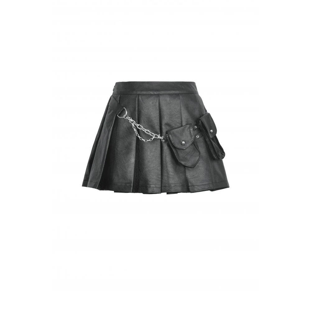 Women's Punk Multi-pocket Faux Leather Pleated Skirt - Image 10