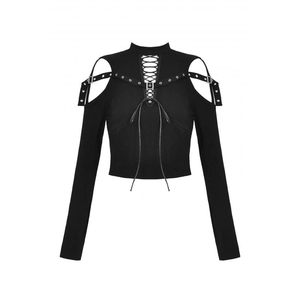 Women's Punk Off Shoulder Eyelet Strap Crop Top - Image 10