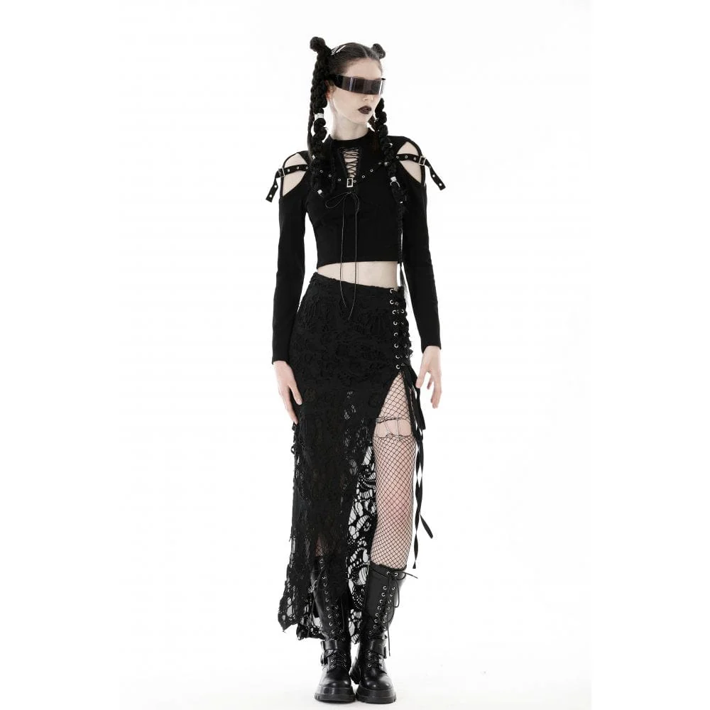 Women's Punk Off Shoulder Eyelet Strap Crop Top - Image 5