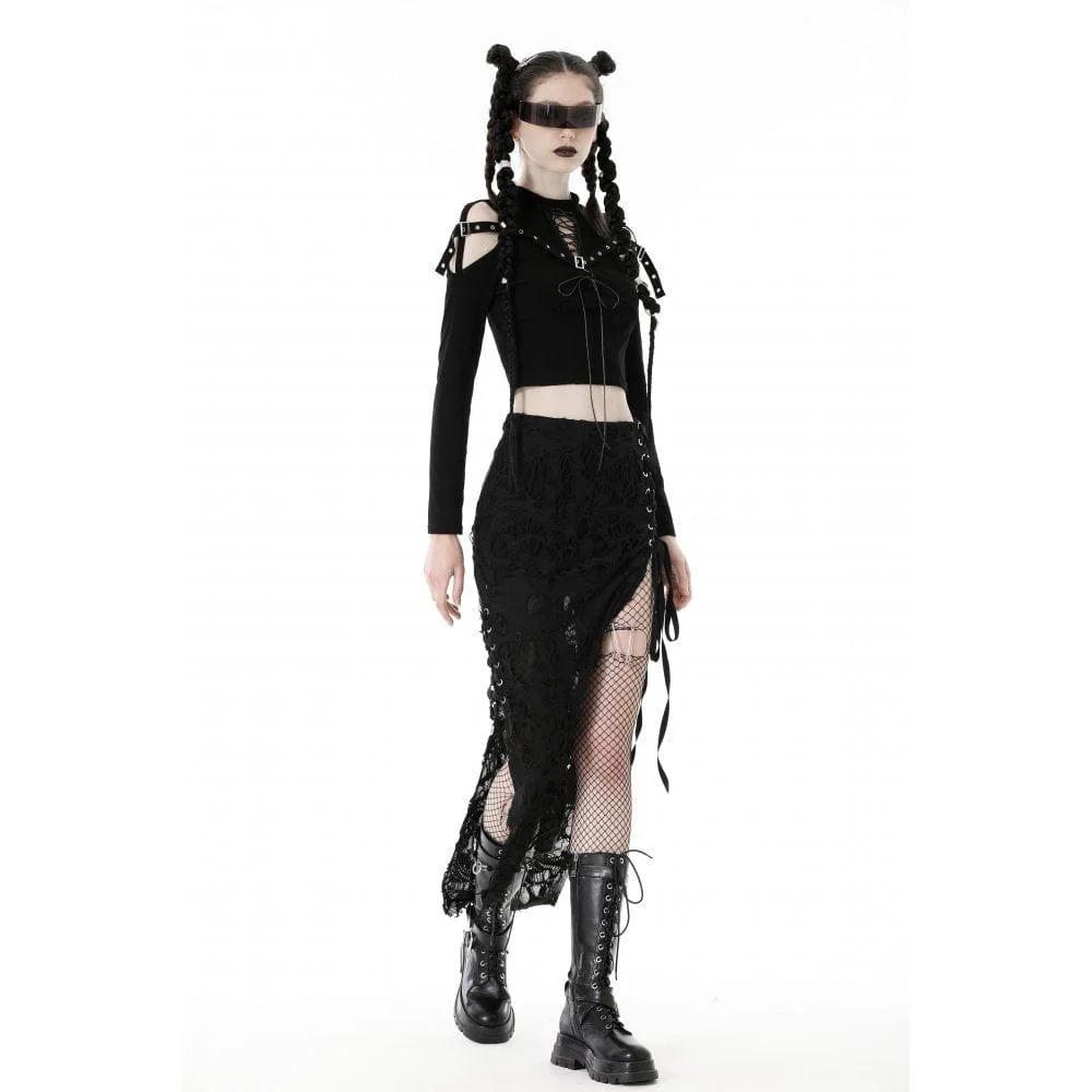 Women's Punk Off Shoulder Eyelet Strap Crop Top - Image 6