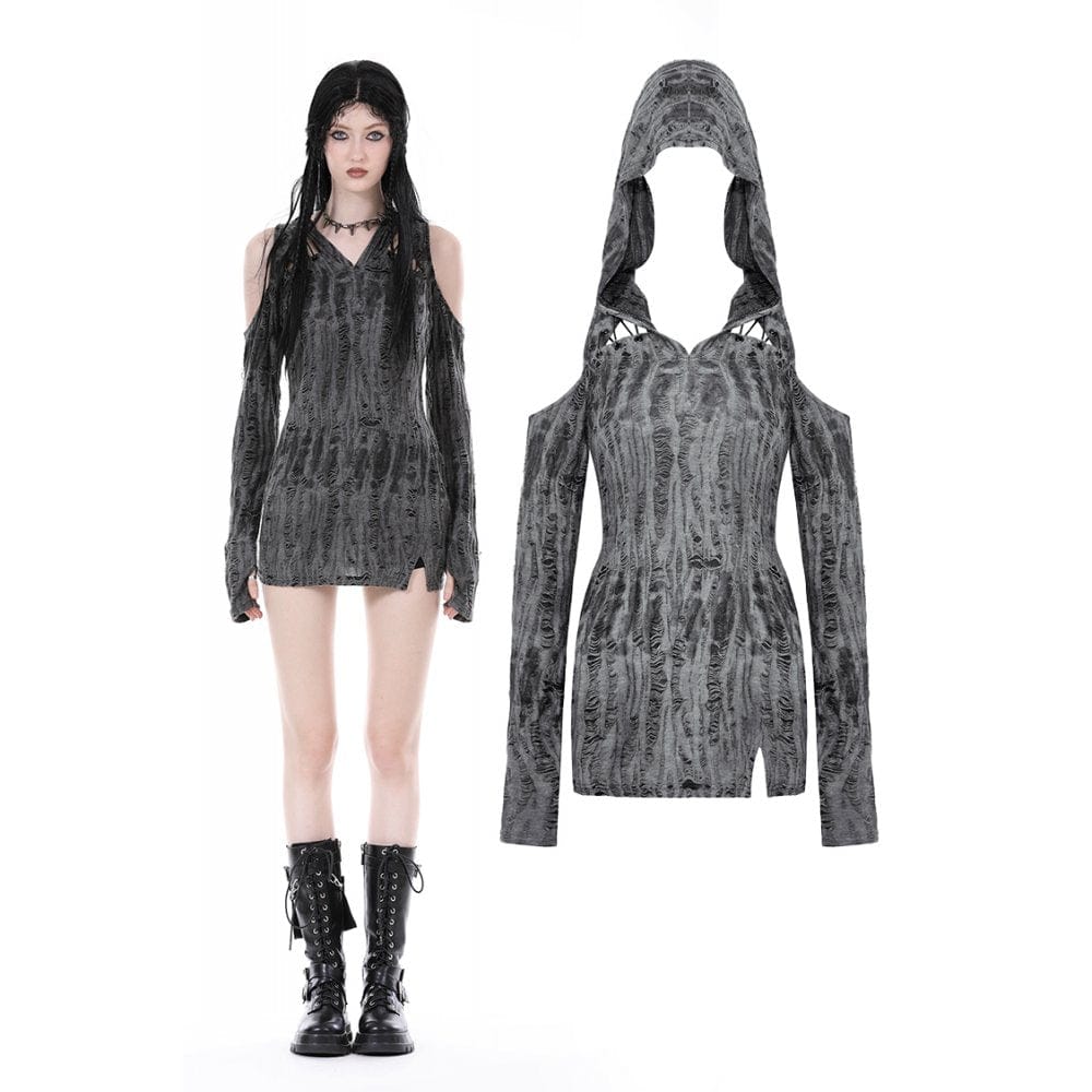 Women's Punk Off Shoulder Ripped Dress with Hood