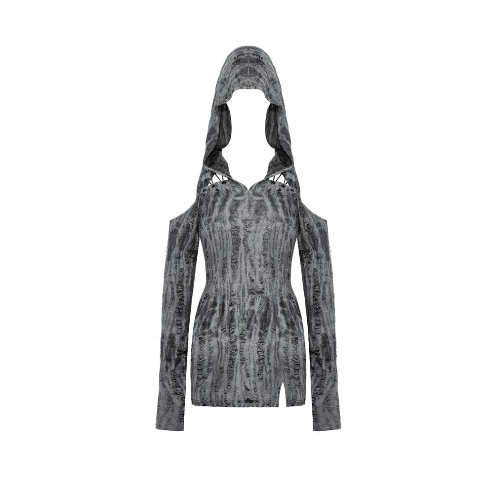 Women's Punk Off Shoulder Ripped Dress with Hood - Image 11