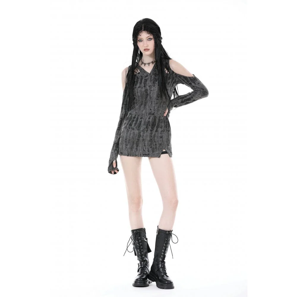 Women's Punk Off Shoulder Ripped Dress with Hood - Image 6