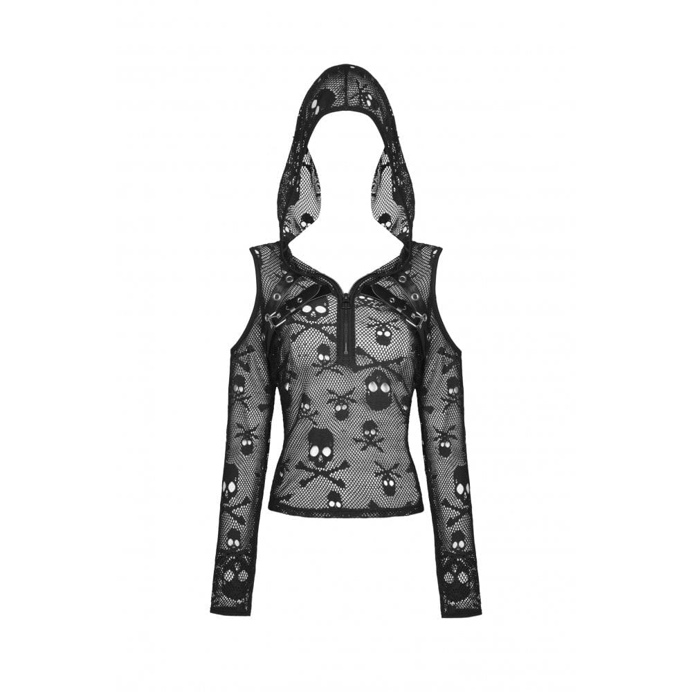 Women's Punk Off Shoulder Skull Mesh Shirt with Hood - Image 8