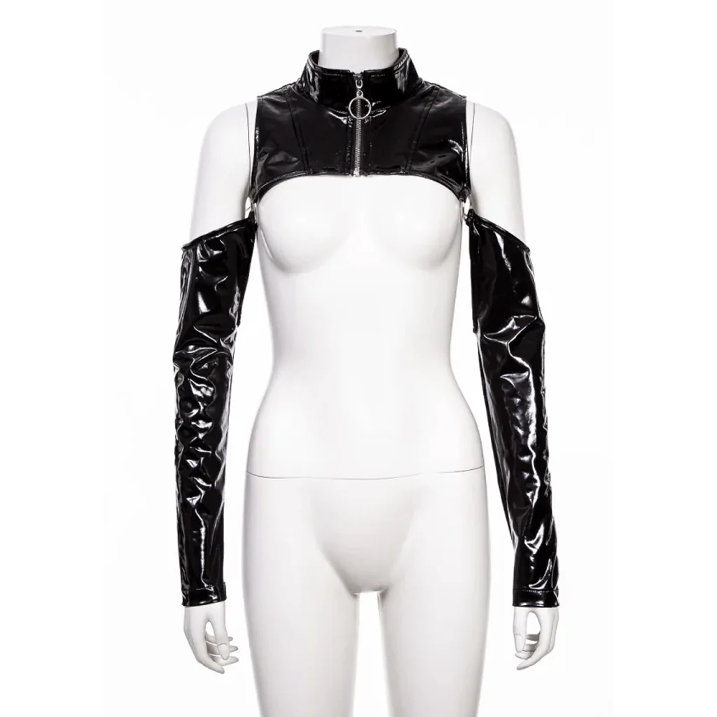 Women's Punk Off Shoulder Zipper Patent Leather Cape - Image 5