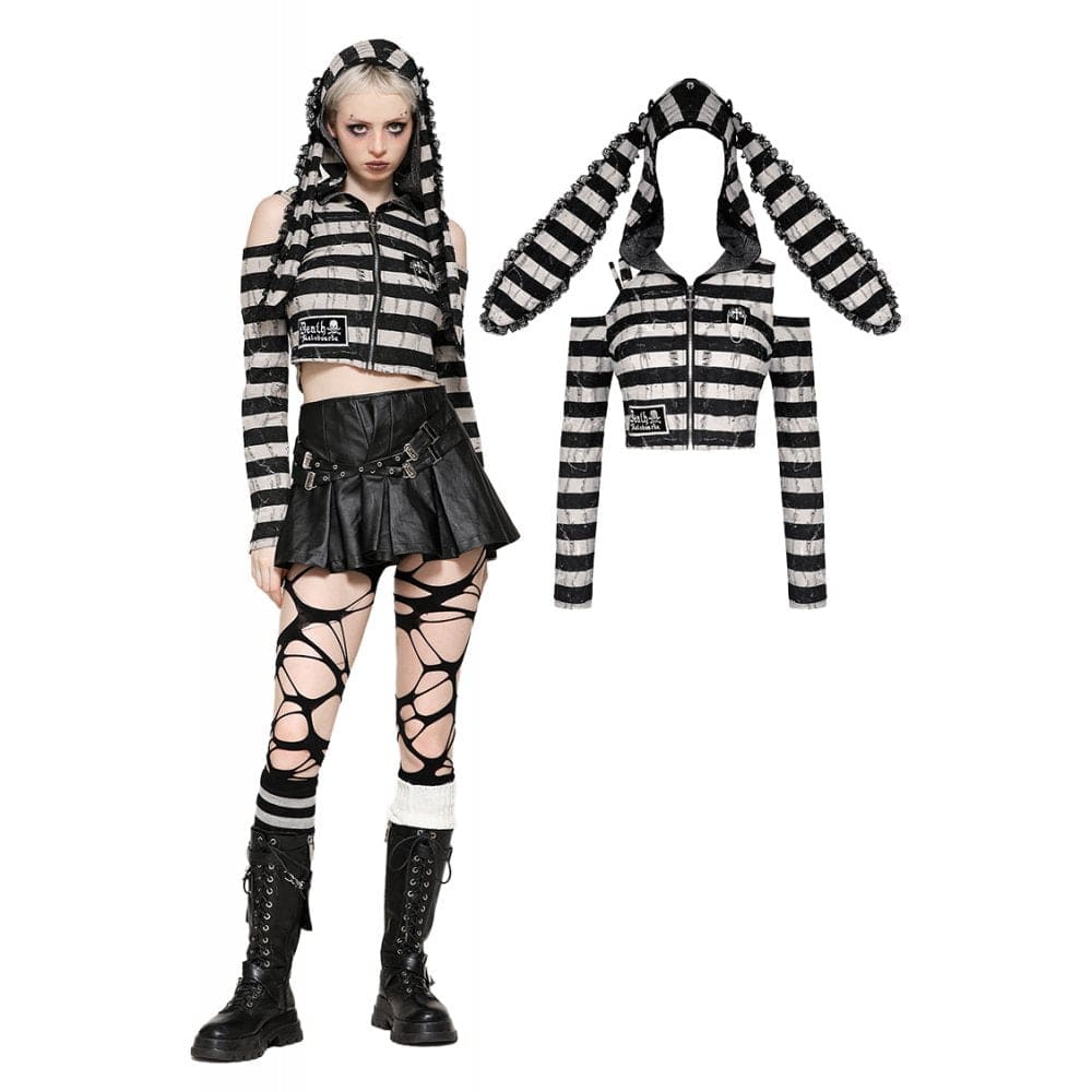 Women's Punk Off-the-Shoulder Bunny Striped Crop Top
