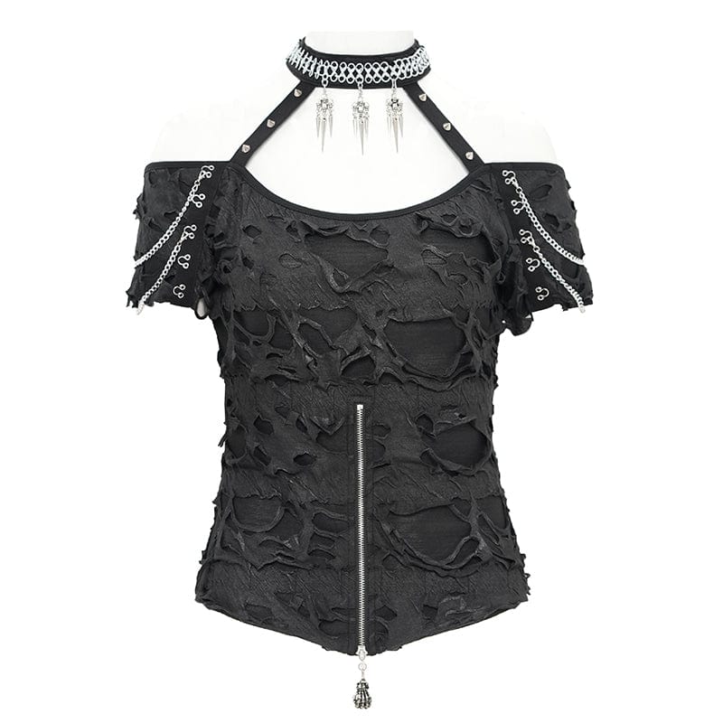 Women's Punk Off-the-shoulder Ripped Shirt - Image 8