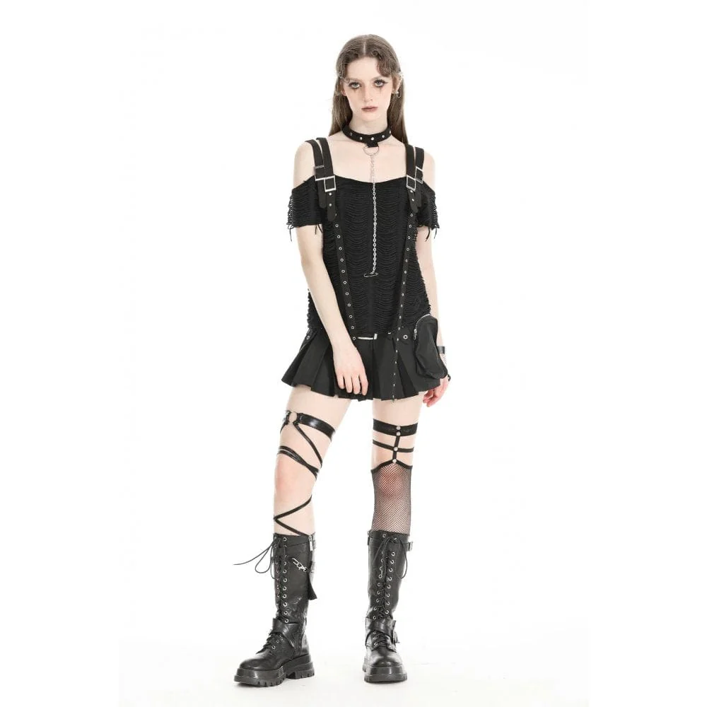 Women's Punk Off-the-shoulder Ripped T-shirt with Detachable Choker - Image 4