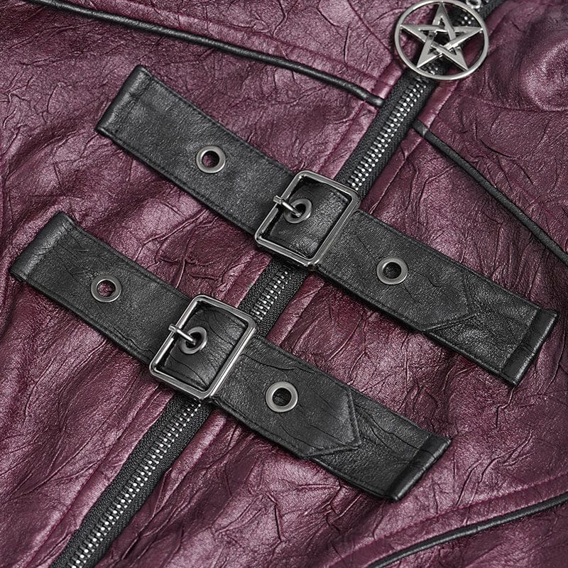 Women's Punk Pentacle Buckle Strap Lace-up Jacket Red - Image 10