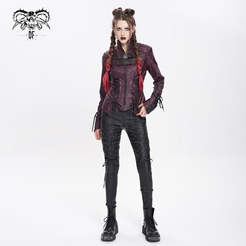 Women's Punk Pentacle Buckle Strap Lace-up Jacket Red - Image 5