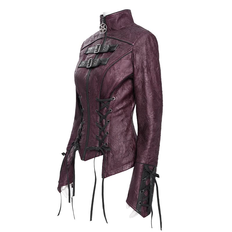 Women's Punk Pentacle Buckle Strap Lace-up Jacket Red - Image 8