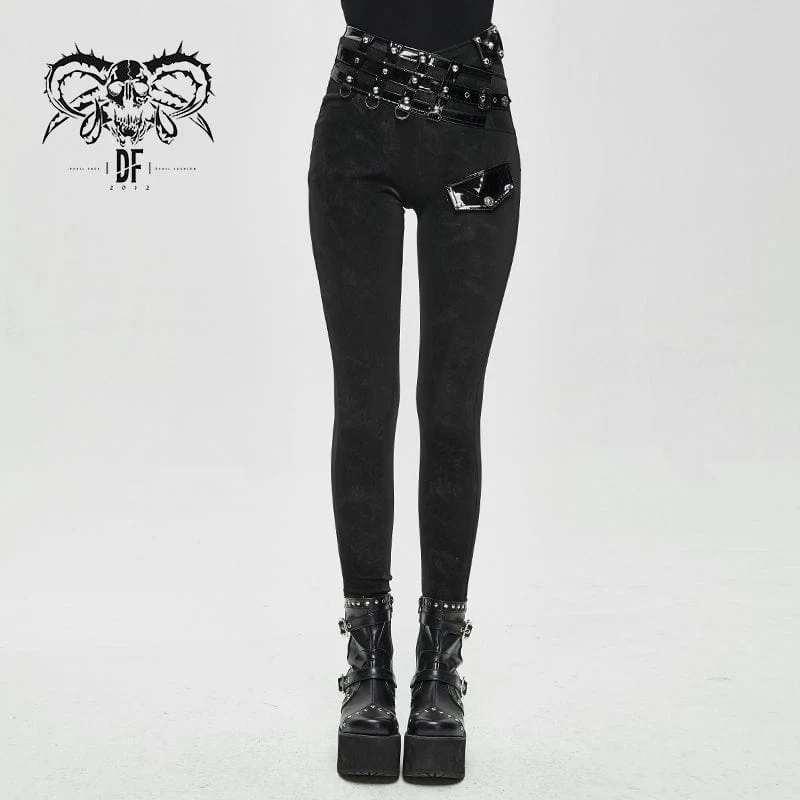 Women's Punk Pentagram Leggings with Faux Leather Strap - Image 2