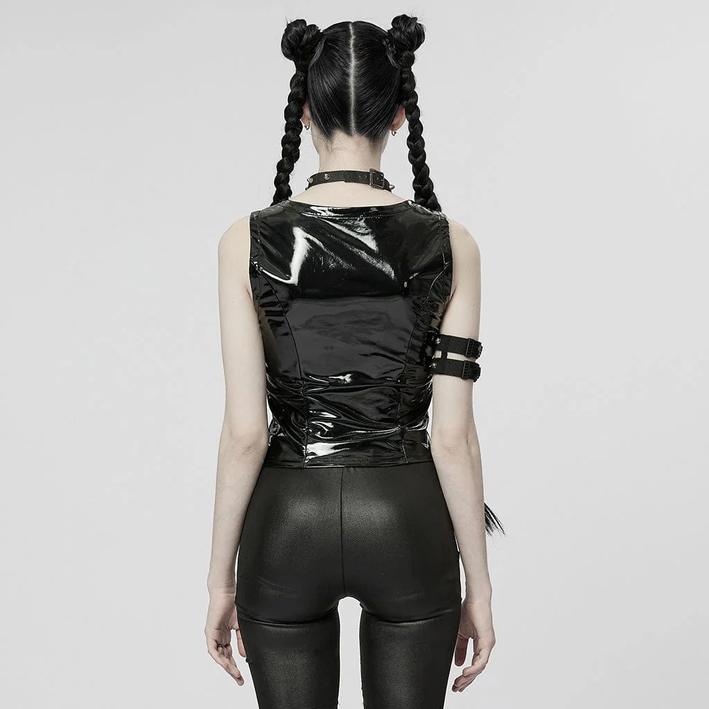 Women's Punk Plunging Buckles Patent Leather Vest - Image 3