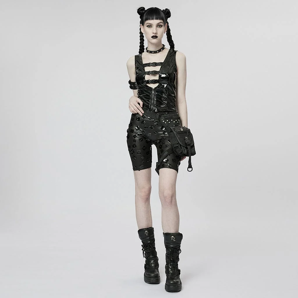 Women's Punk Plunging Buckles Patent Leather Vest - Image 4