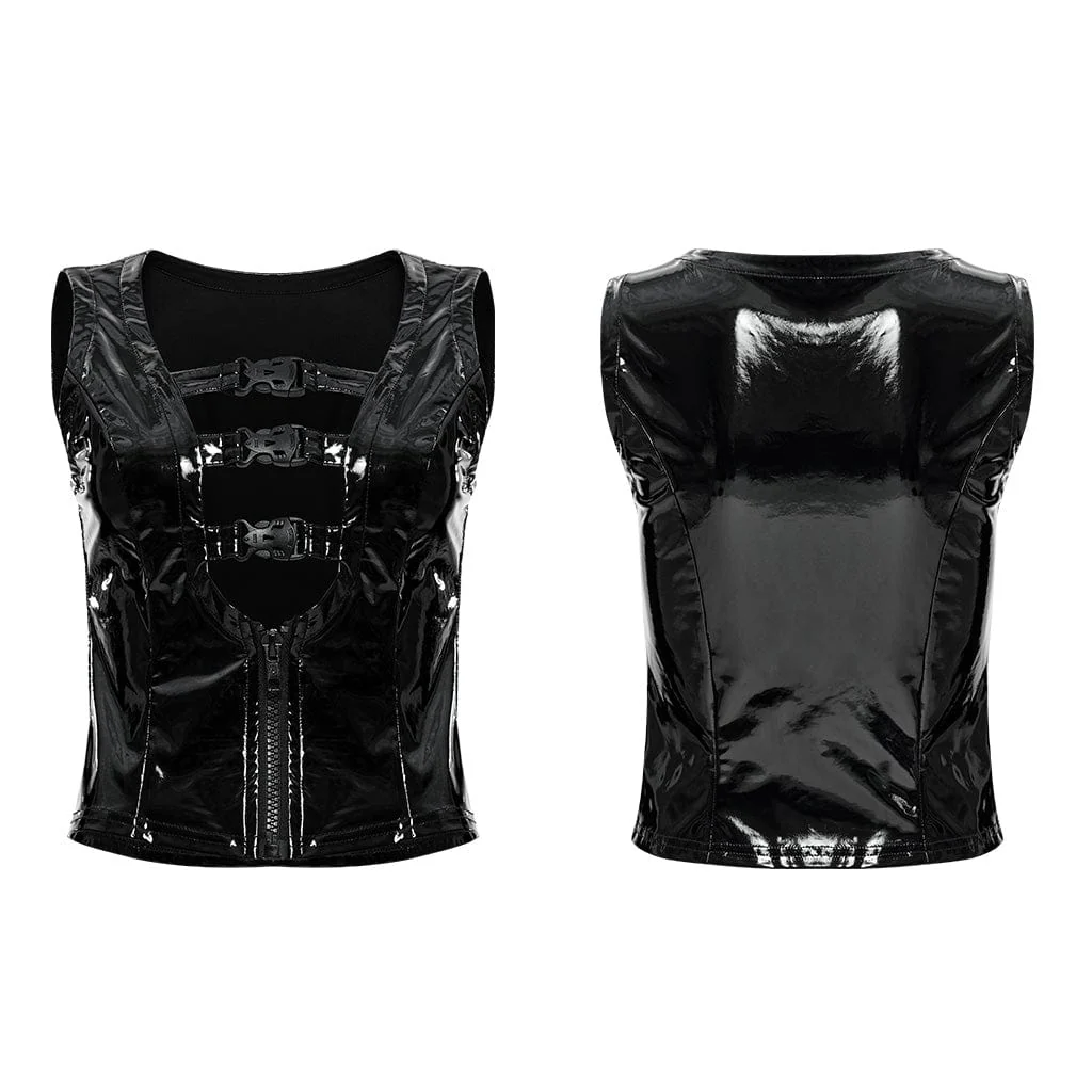 Women's Punk Plunging Buckles Patent Leather Vest - Image 5