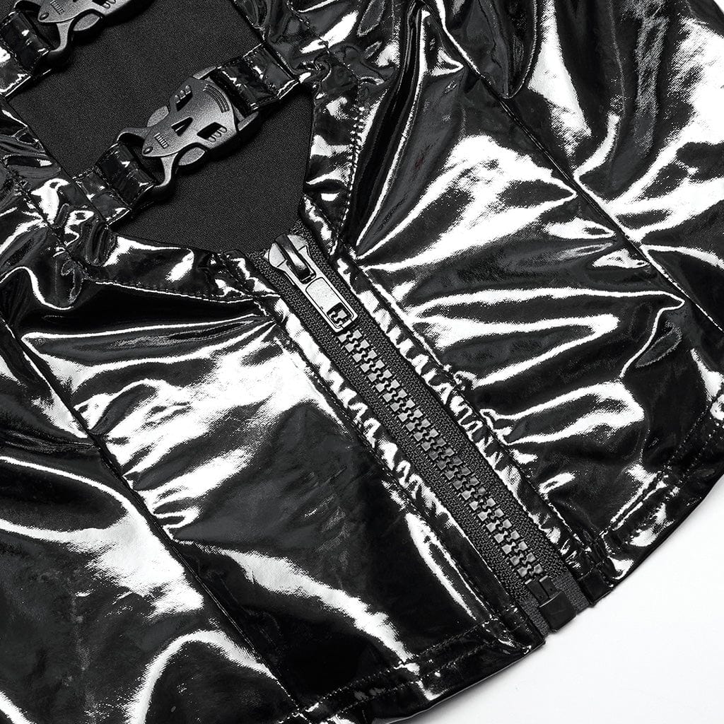 Women's Punk Plunging Buckles Patent Leather Vest - Image 6