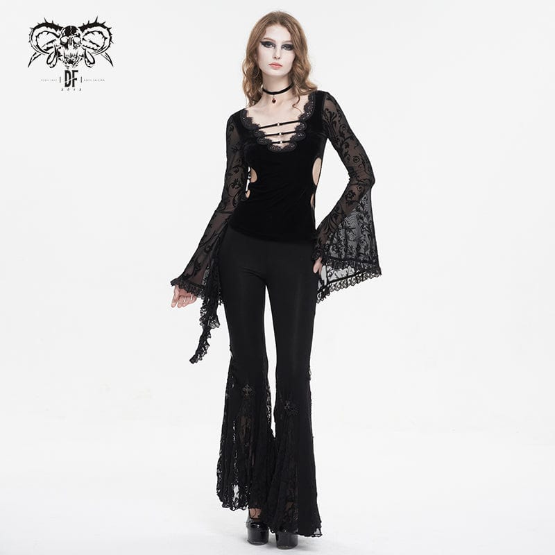 Women's Punk Plunging Flared Sleeved Mesh Splice Shirt - Image 6