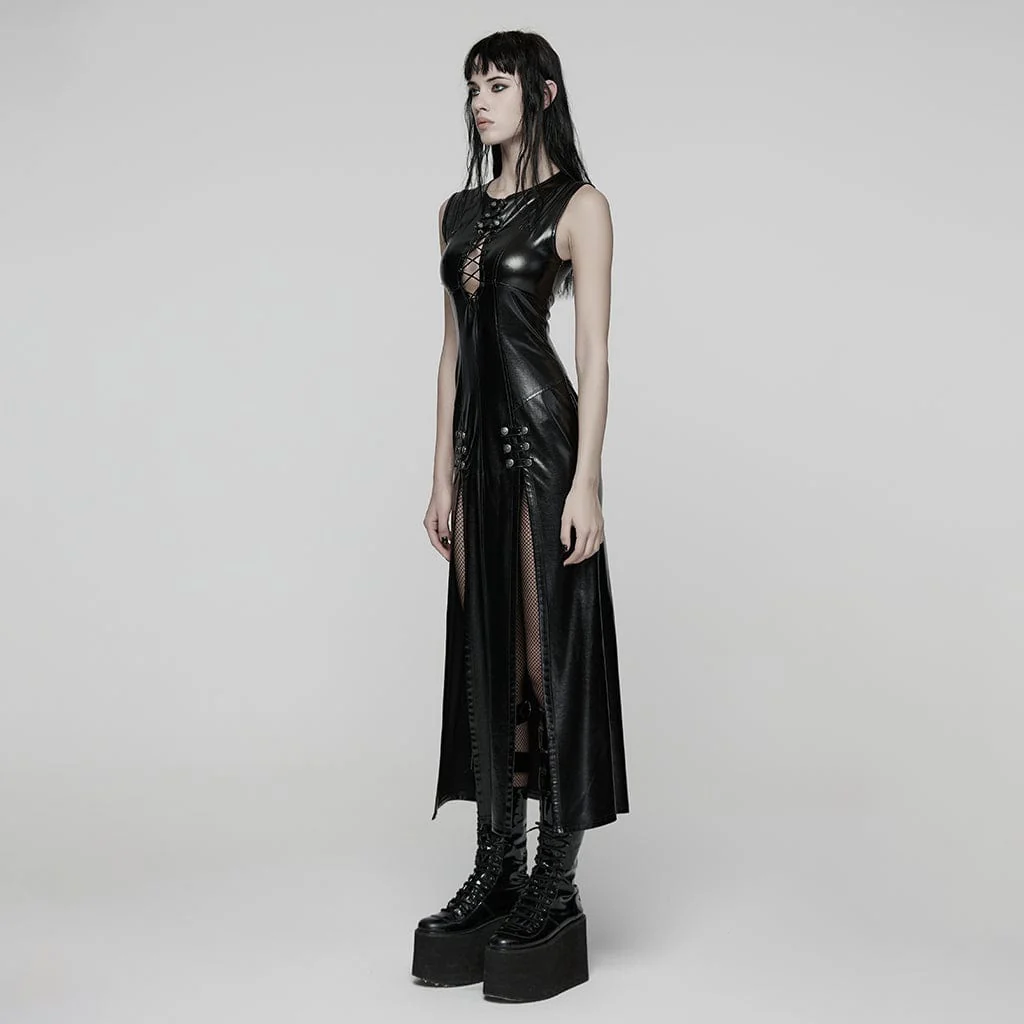 Women's Punk Plunging Split Lace-up Dress - Image 2
