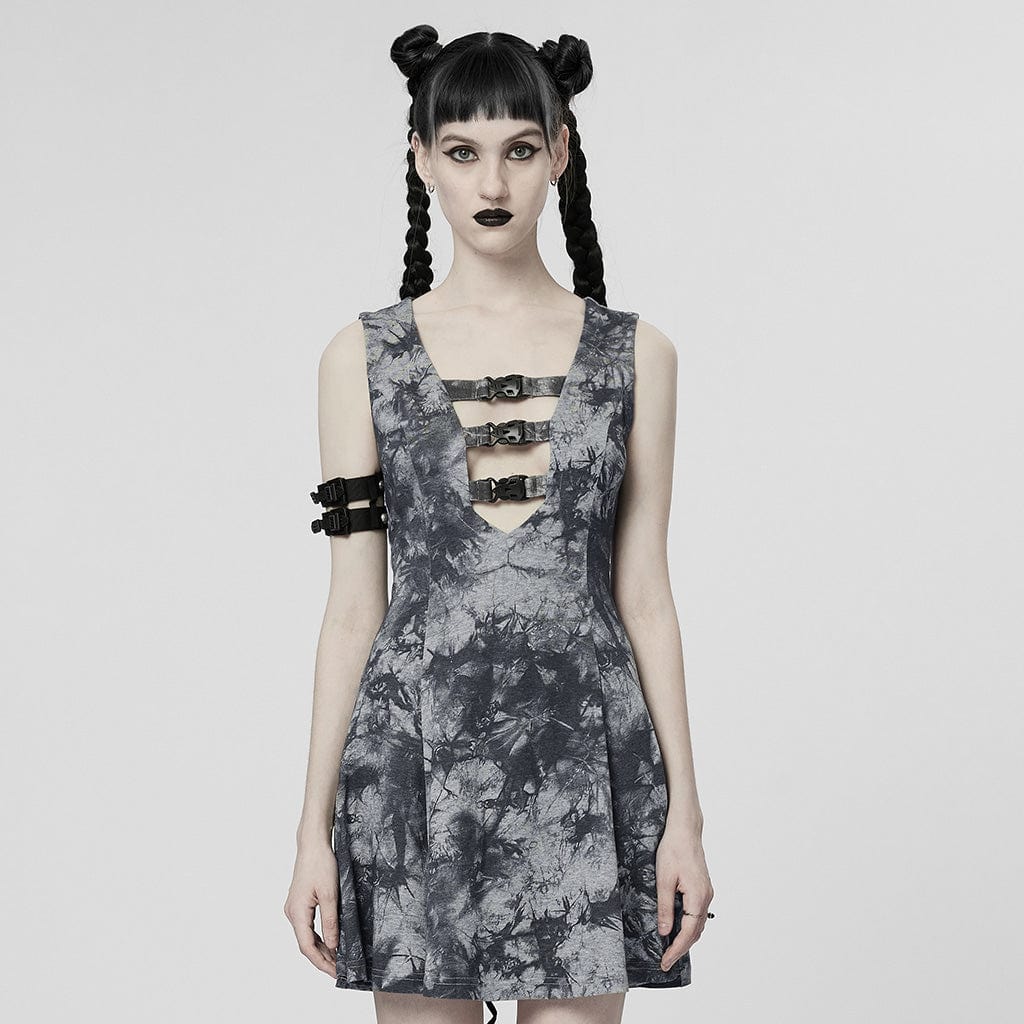 Women's Punk Plunging Tie-dyed Sleeveless Dress