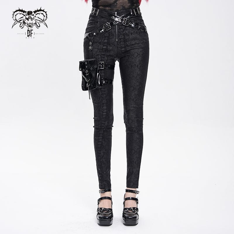 Women's Punk Printed Buckle Strap Pants with Leg Bag
